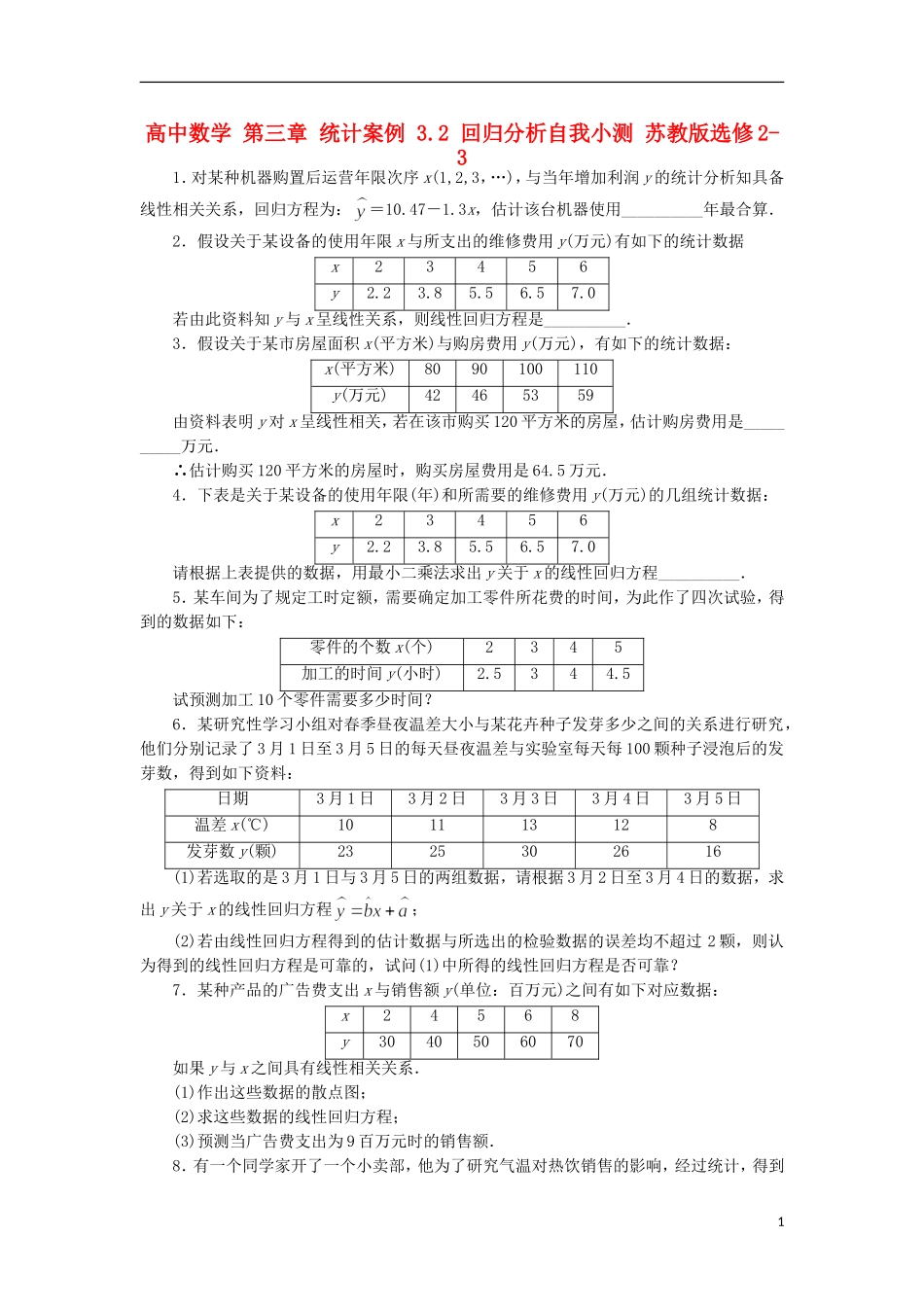 高中数学 第三章 统计案例 3.2 回归分析自我小测 苏教版选修2-3-苏教版高二选修2-3数学试题_第1页