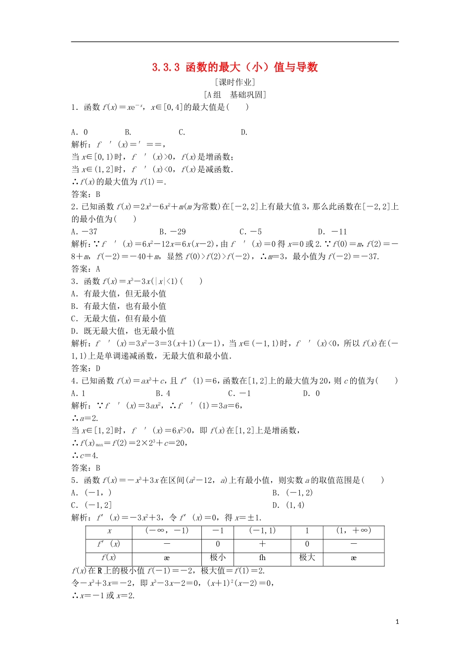 高中数学 第三章 导数及其应用 3.3 导数在研究函数中的应用 3.3.3 函数的最大（小）值与导数优化练习 新人教A版选修1-1-新人教A版高二选修1-1数学试题_第1页