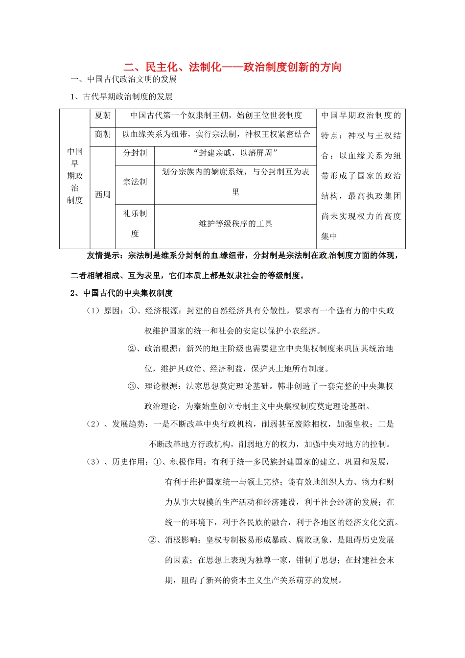 高考历史专题复习笔记 历年高考频点知识网络构建二 民主化、法制化 政治制度创新的方向-人教版高三全册历史试题_第1页