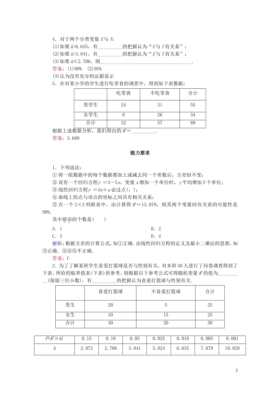 高中数学 第1章 统计案例 1-2 独立性检验的基本思想及其初步应用练习 新人教A版选修1-2-新人教A版高二选修1-2数学试题_第2页
