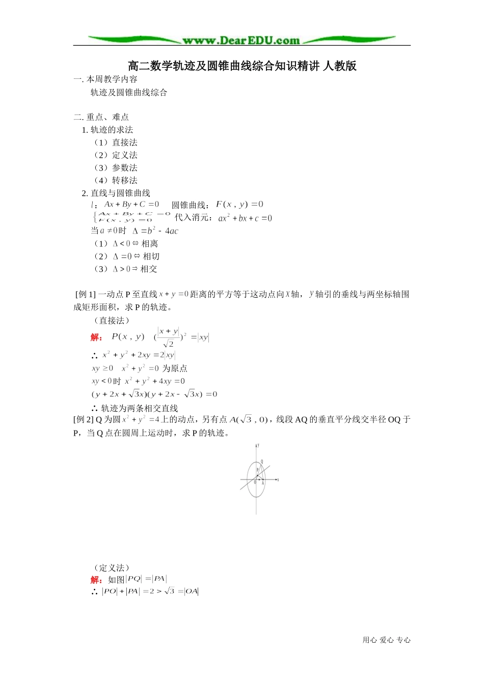 高二数学轨迹及圆锥曲线综合知识精讲 人教版_第1页