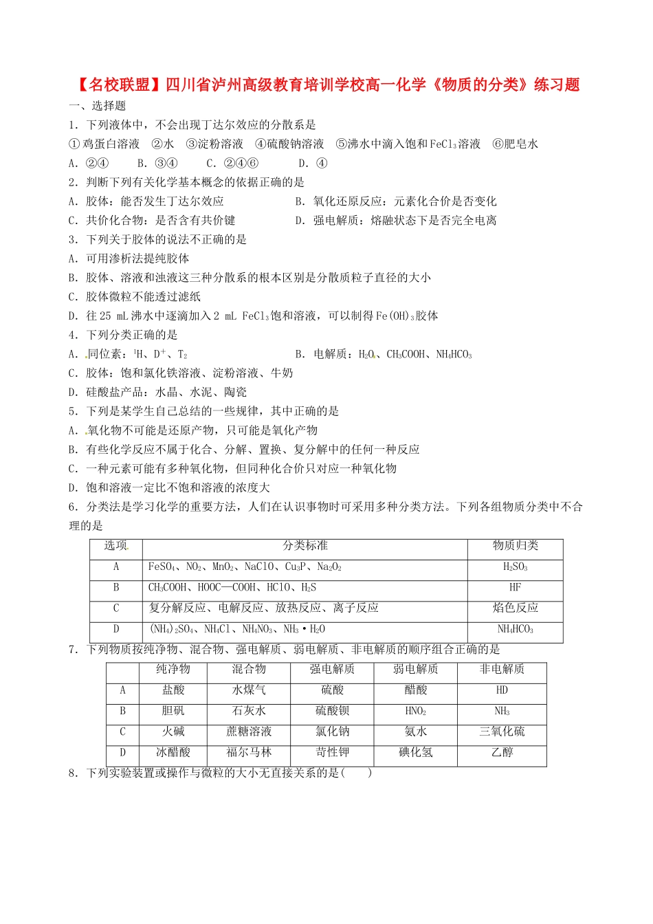 【名校联盟】四川省泸州高级教育培训学校高一化学《物质的分类》练习题_第1页
