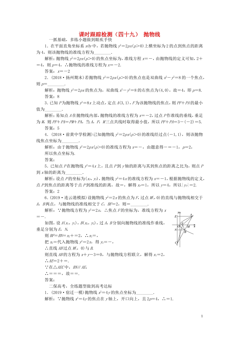 （江苏专版）高考数学一轮复习 课时跟踪检测（四十九）抛物线 理（含解析）苏教版-苏教版高三全册数学试题_第1页