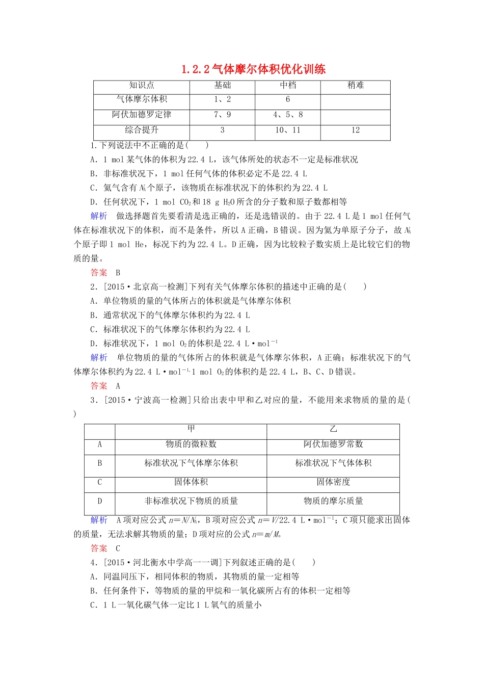 高中化学 1.2.2气体摩尔体积优化训练 新人教版必修1-新人教版高一必修1化学试题_第1页