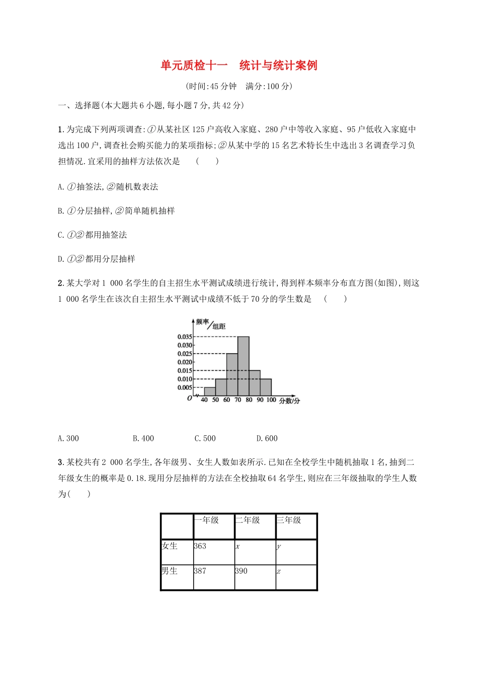 （天津专用）高考数学一轮复习 单元质检11 统计与统计案例（含解析）新人教A版-新人教A版高三全册数学试题_第1页