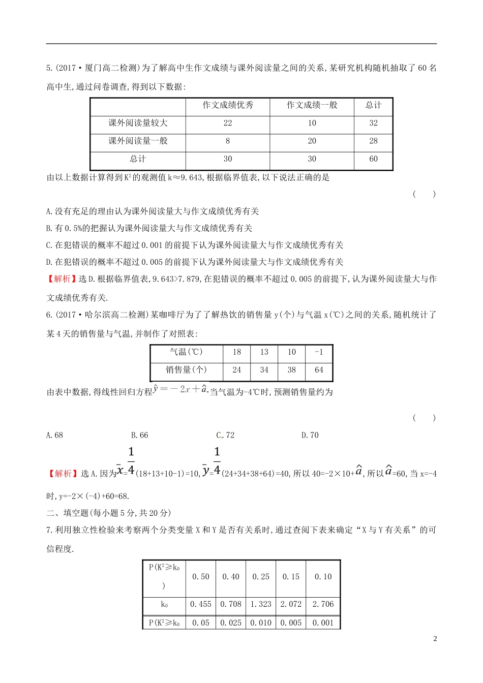 高中数学 第三章 统计案例阶段通关训练 新人教A版选修2-3-新人教A版高二选修2-3数学试题_第2页