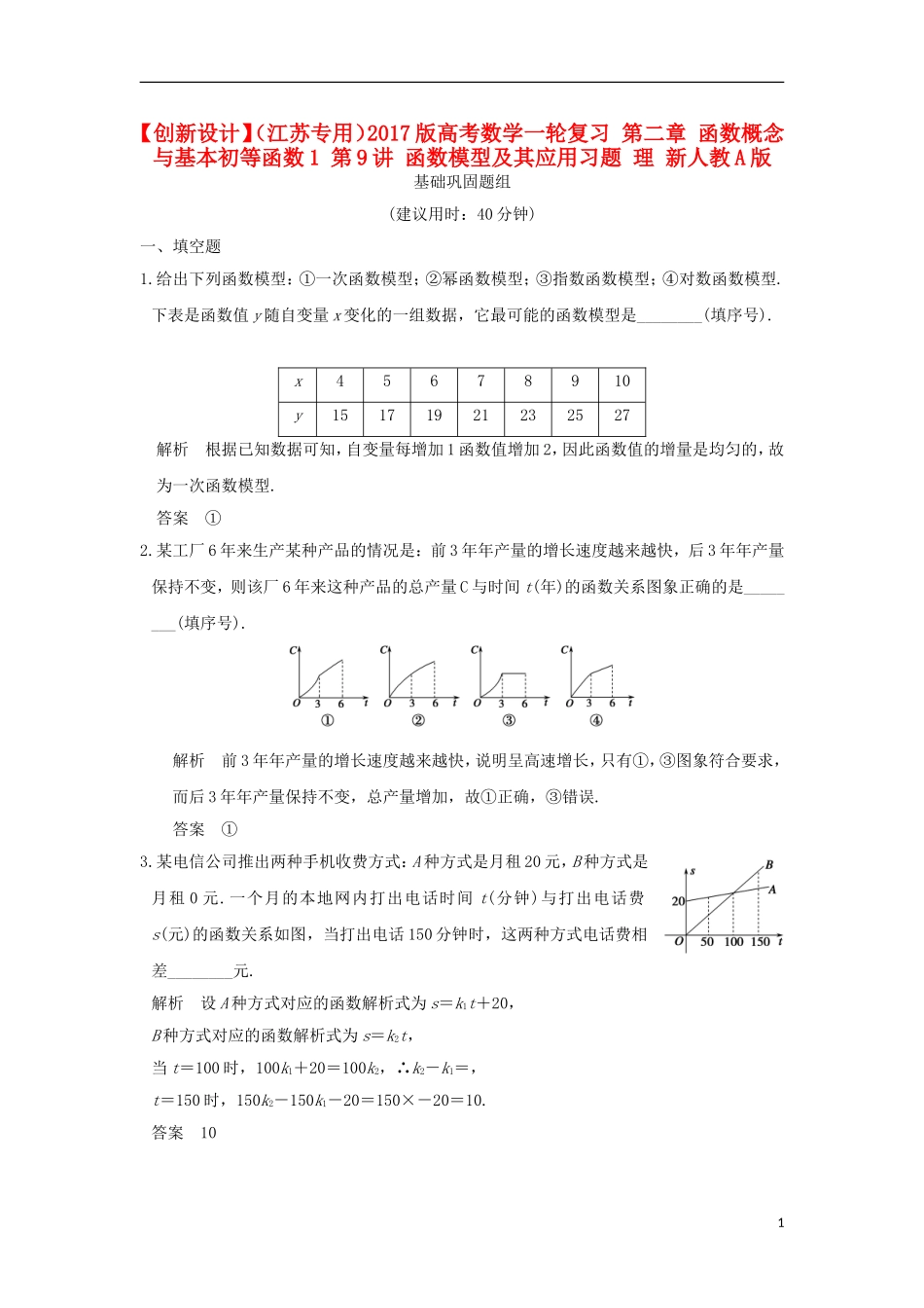 （江苏专用）高考数学一轮复习 第二章 函数概念与基本初等函数1 第9讲 函数模型及其应用习题 理 新人教A版-新人教A版高三全册数学试题_第1页