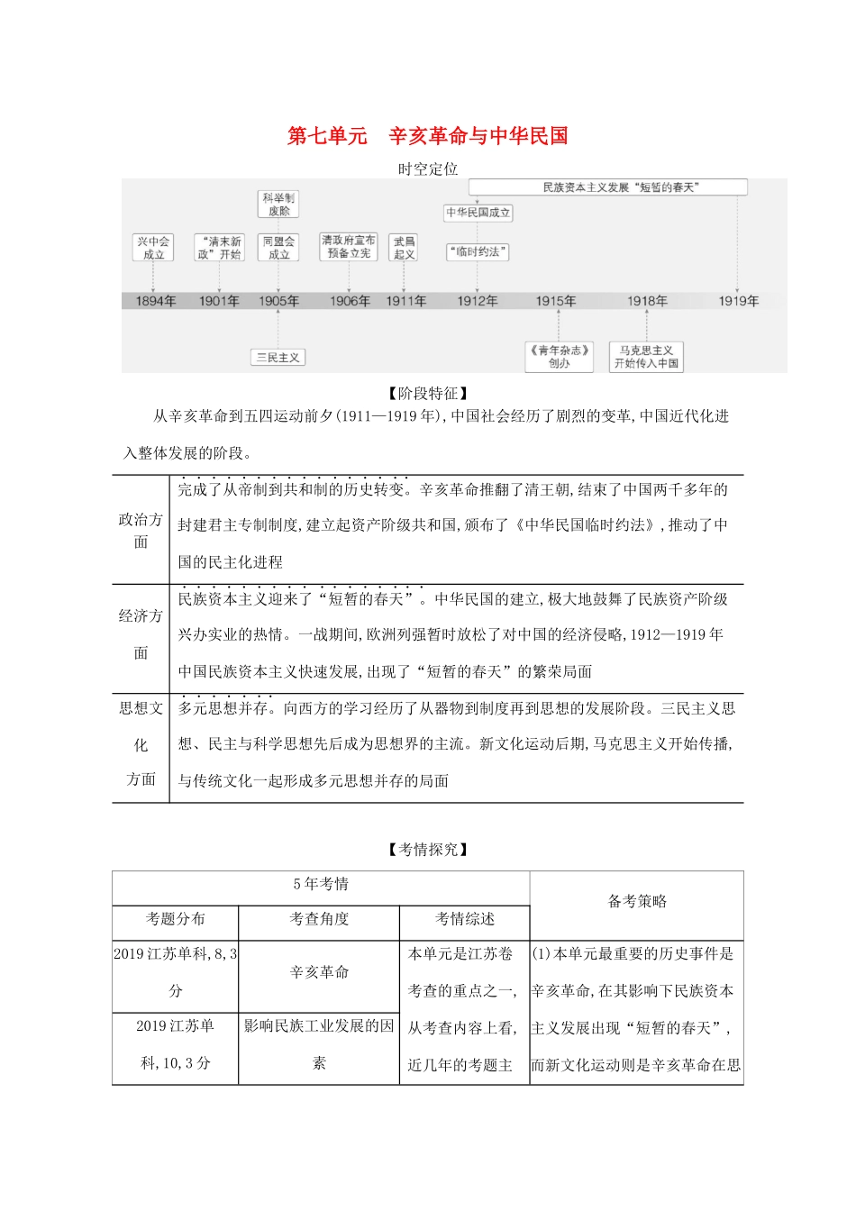（江苏专用）高考历史一轮复习 第二部分 中国近代史 第七单元 辛亥革命与中华民国试题（含解析）-人教版高三全册历史试题_第1页