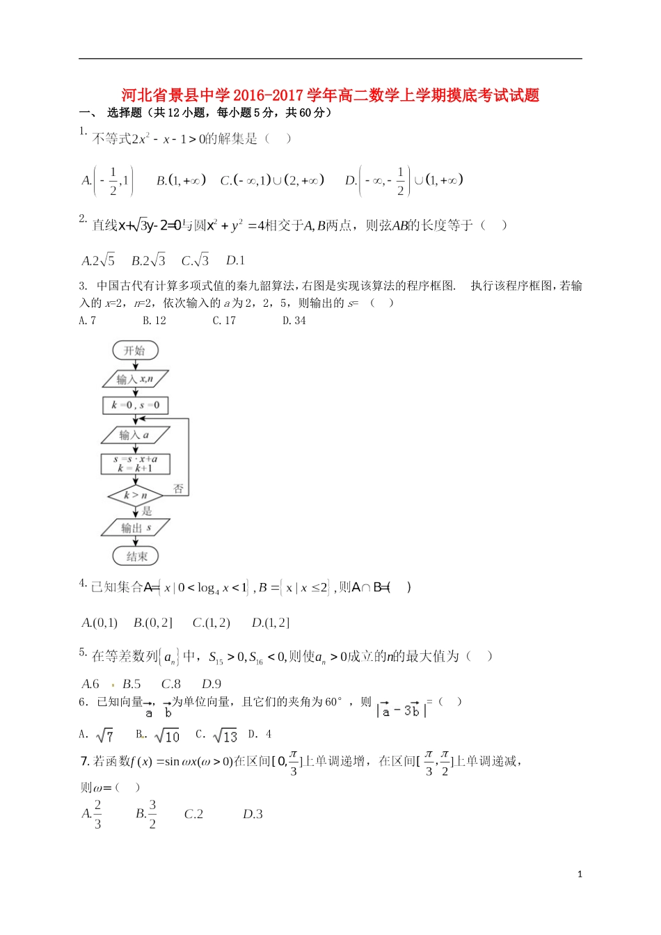 高二数学上学期摸底考试试题-人教版高二全册数学试题_第1页