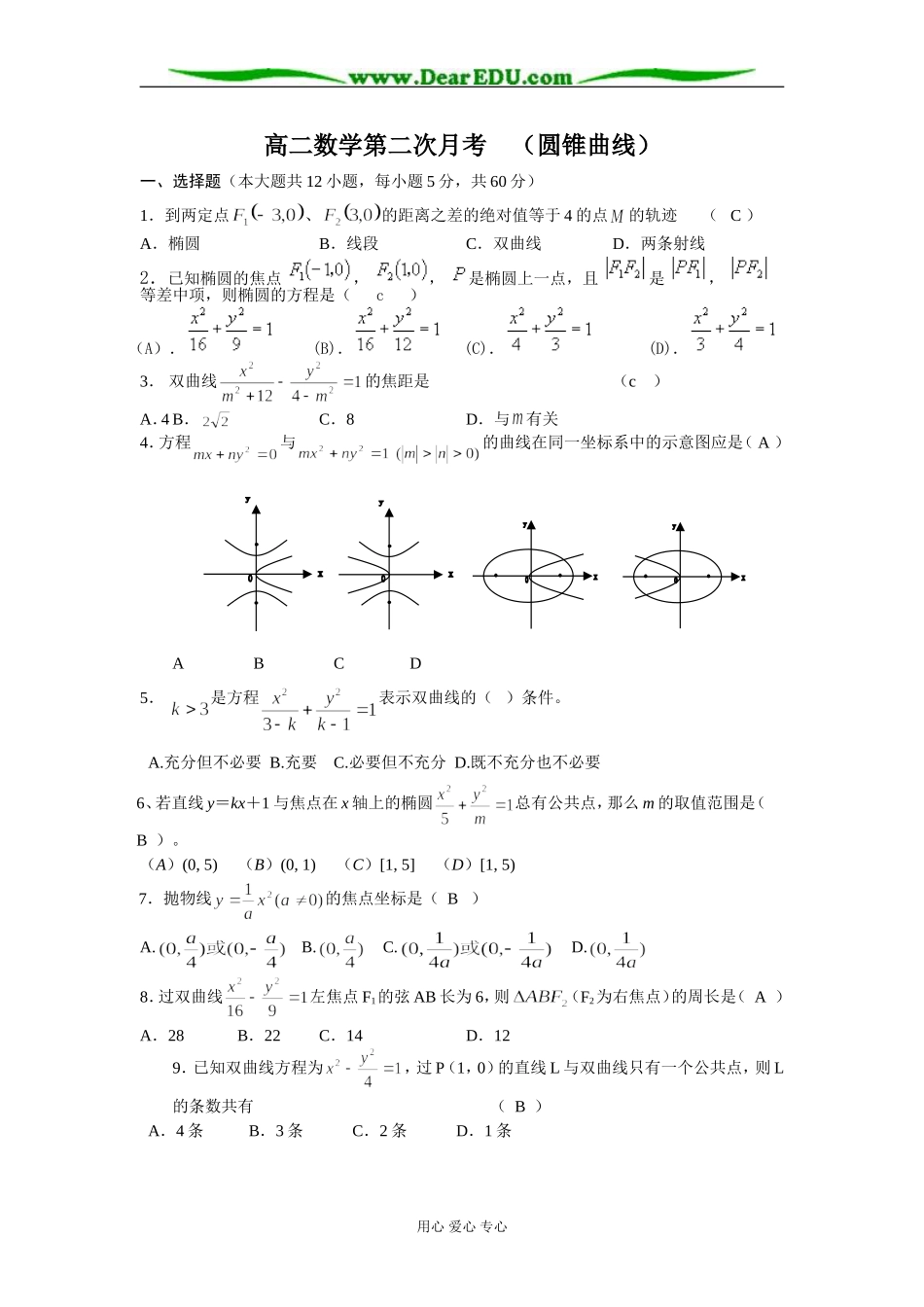 高二数学第二次月考试卷《圆锥曲线》湘教版选修2-1_第1页