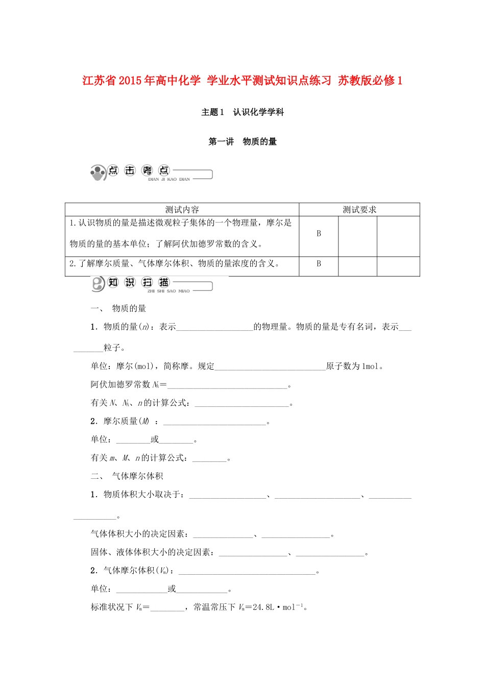 高中化学 学业水平测试知识点练习 苏教版必修1-苏教版高一必修1化学试题_第1页