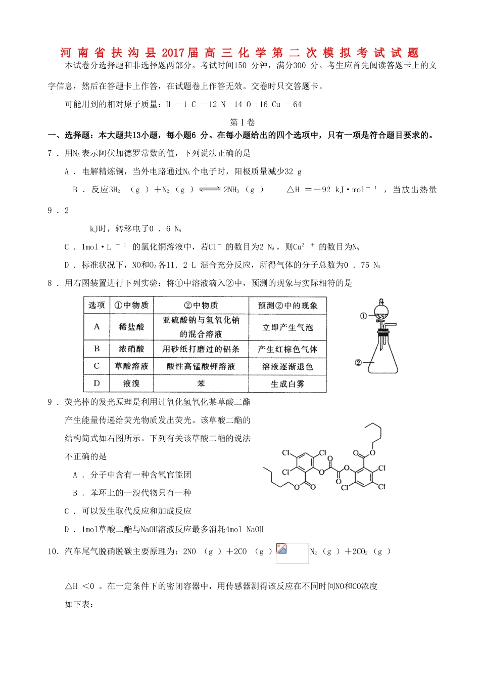 河南省扶沟县高三化学第二次模拟考试试题-人教版高三全册化学试题_第1页
