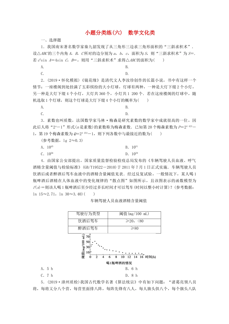 （京津鲁琼专用）高考数学二轮复习 第一部分 小题分类练 小题分类练（六） 数学文化类（含解析）-人教版高三全册数学试题_第1页