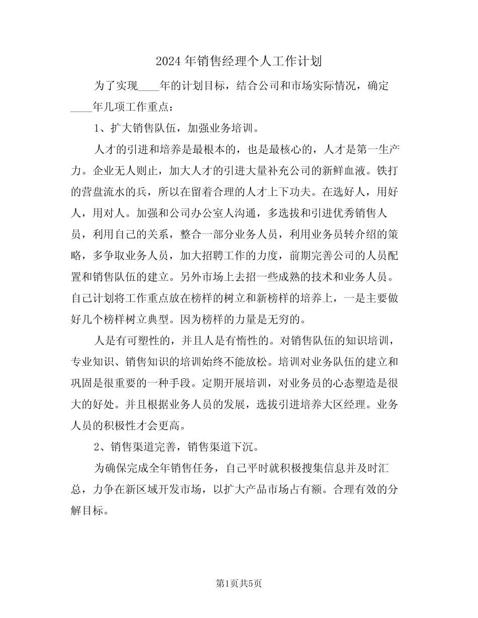 2024年销售经理个人工作计划(二篇) _第1页