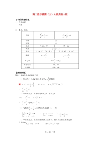 高二数学椭圆（文）人教实验A版知识精讲
