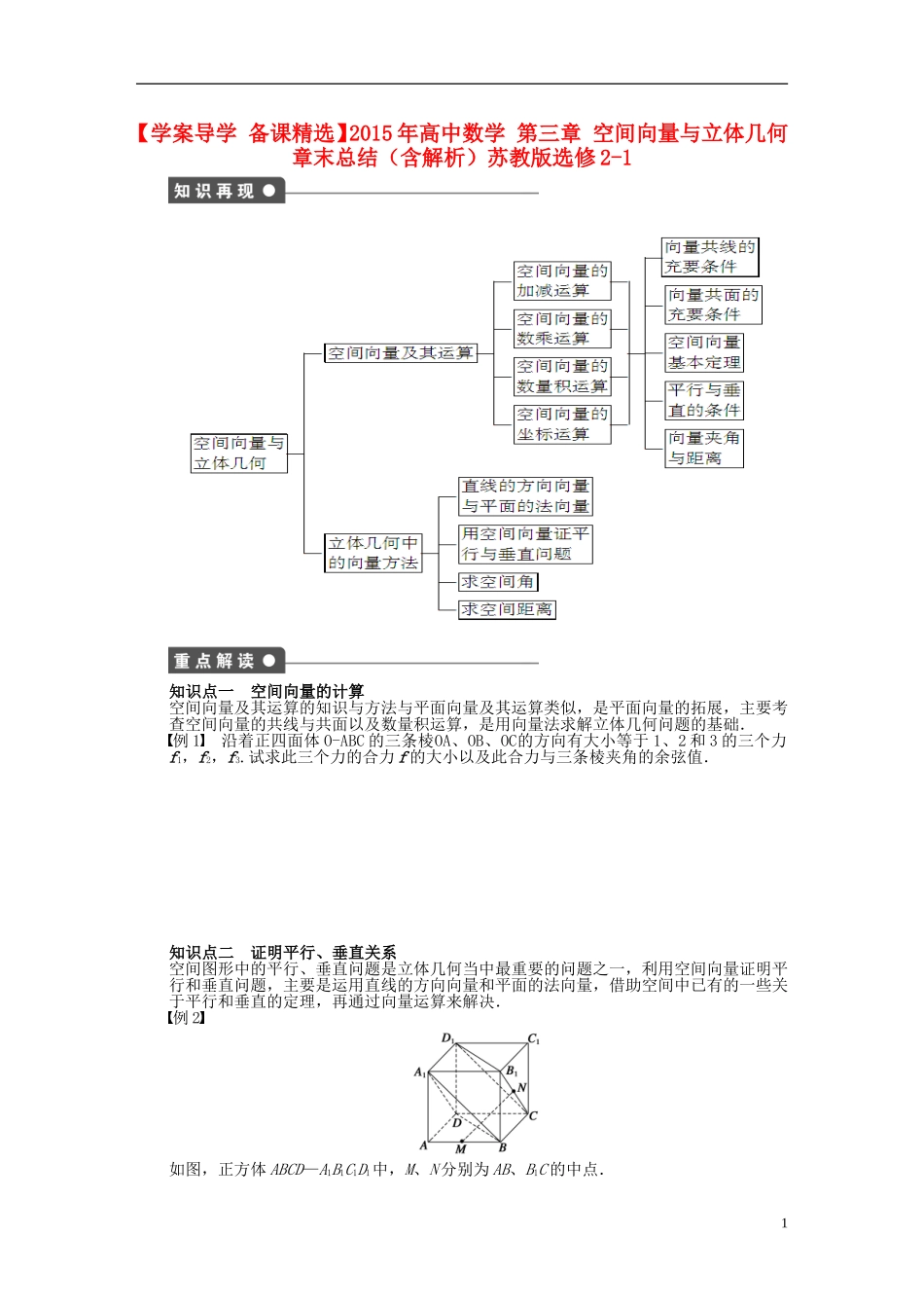 高中数学 第三章 空间向量与立体几何章末总结（含解析）苏教版选修2-1-苏教版高二选修2-1数学试题_第1页