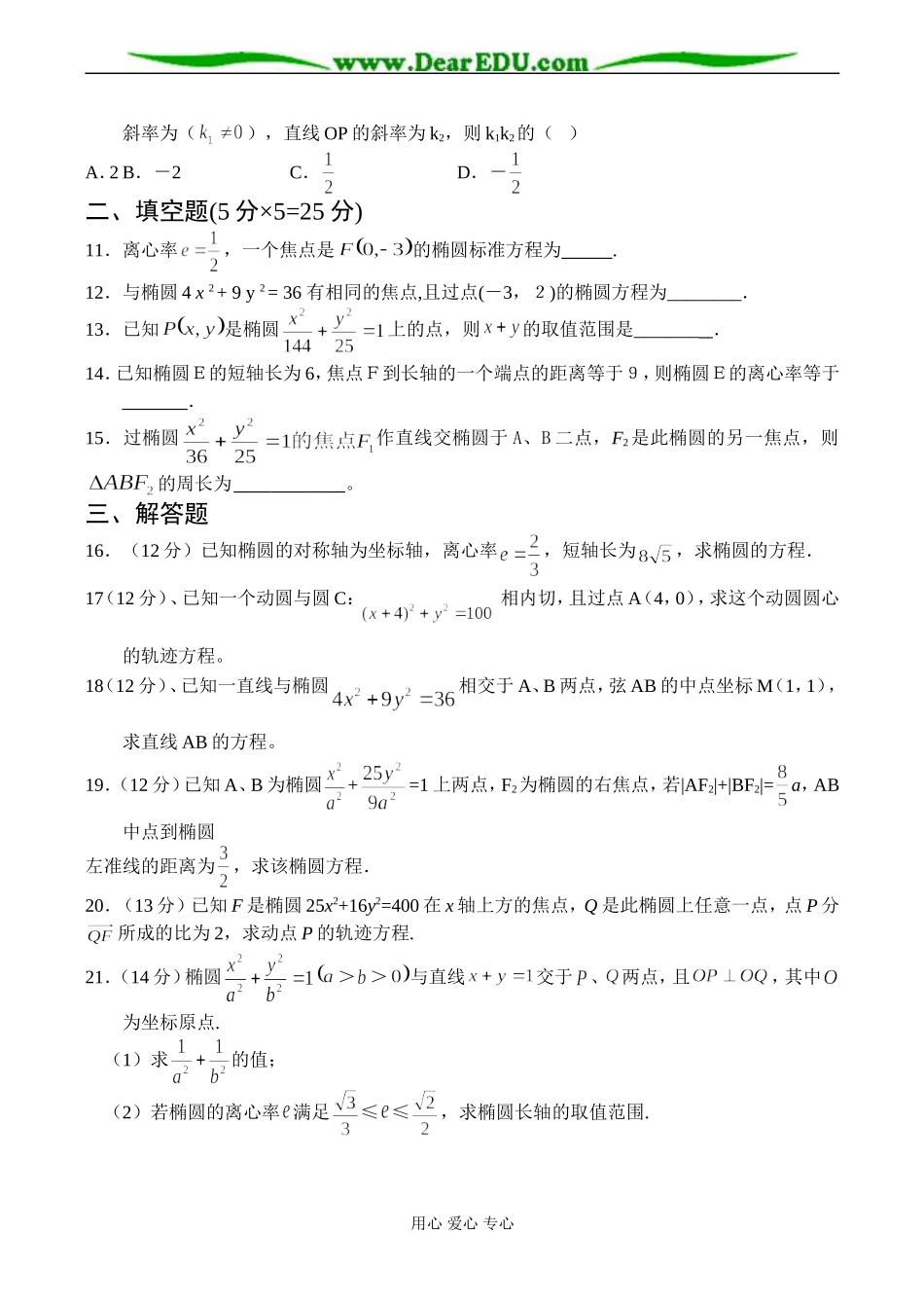 高二数学 椭圆测试题_第2页