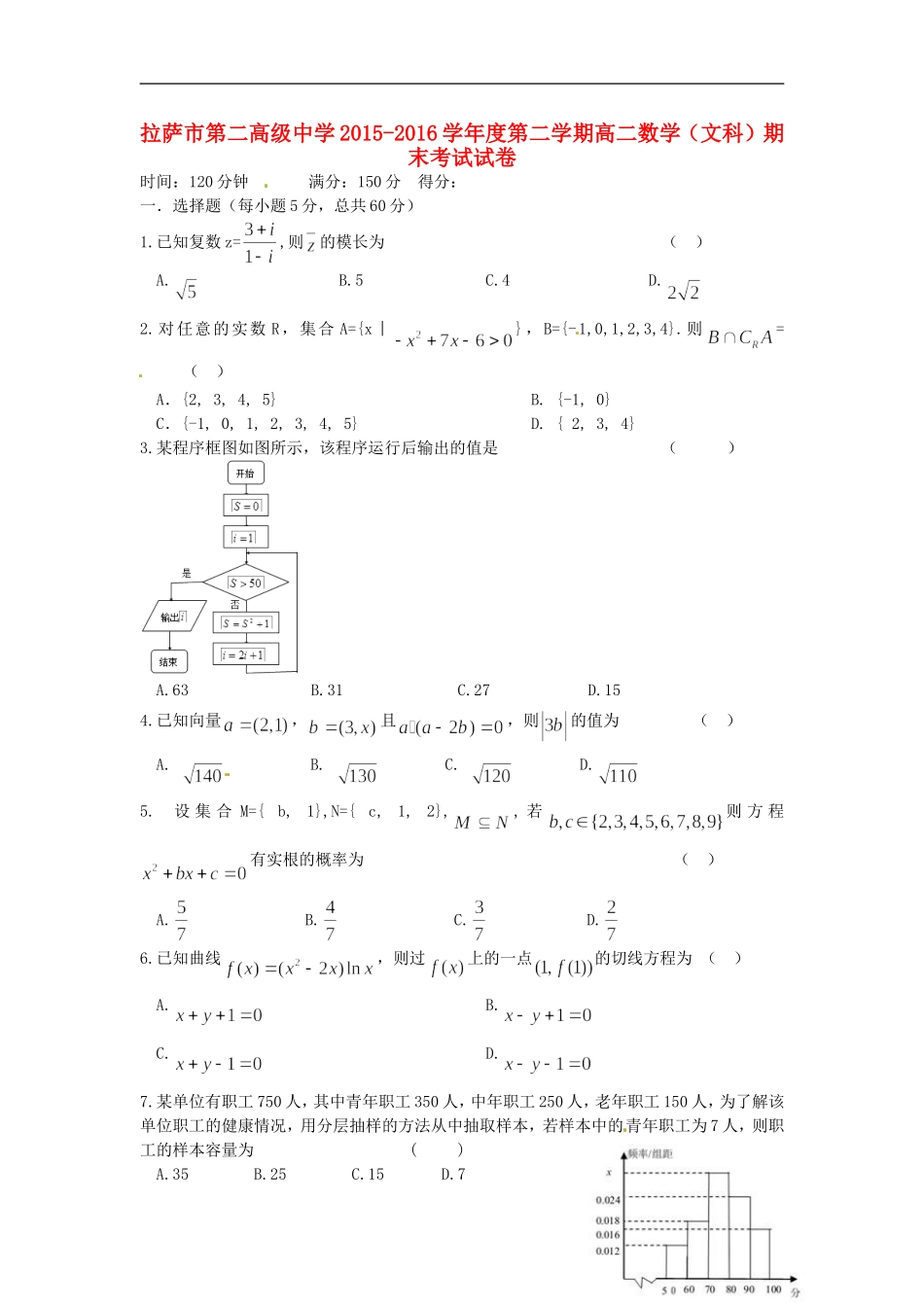 高二数学下学期第二学段学业水平测试（期末）试题 文-人教版高二全册数学试题_第1页