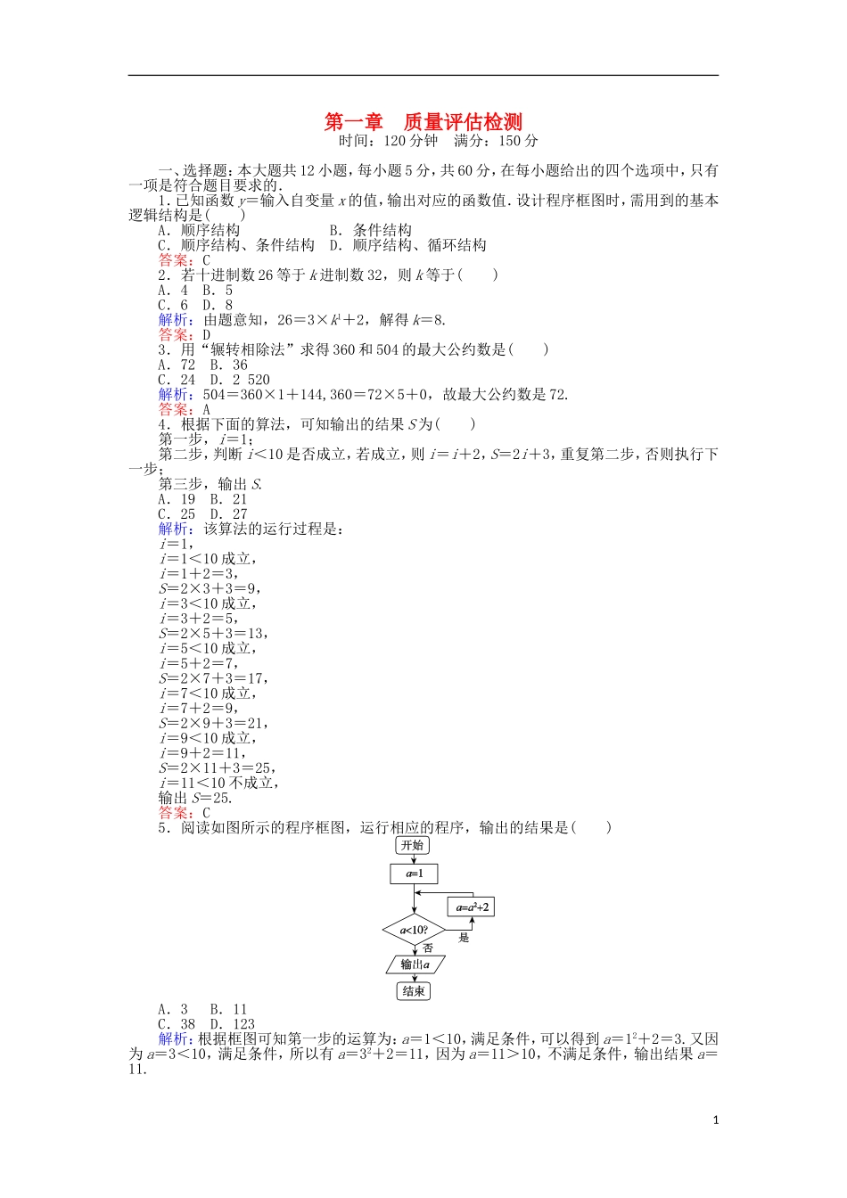 高中数学 第1章 质量评估检测 新人教A版必修3-新人教A版高二必修3数学试题_第1页