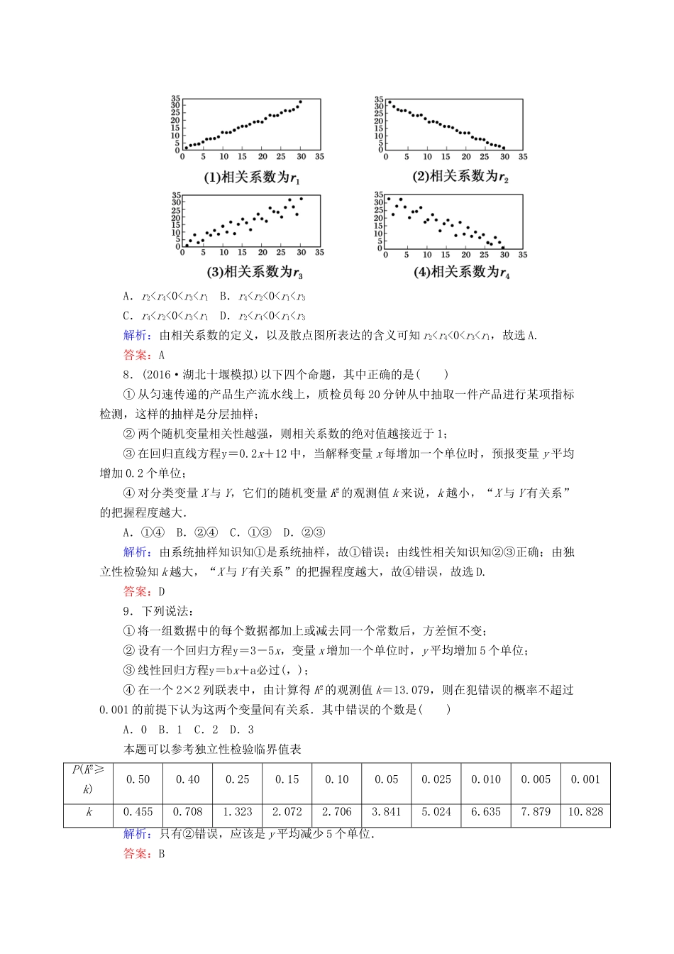 （新课标）高考数学大一轮复习 第九章 算法初步、统计与统计案例 54 相关关系与统计案例课时作业 文-人教版高三全册数学试题_第3页