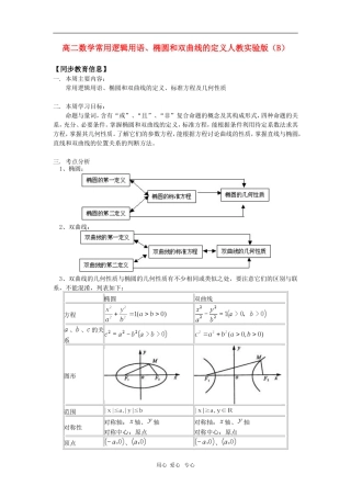 高二数学常用逻辑用语、椭圆和双曲线的定义人教实验版（B） 知识精讲