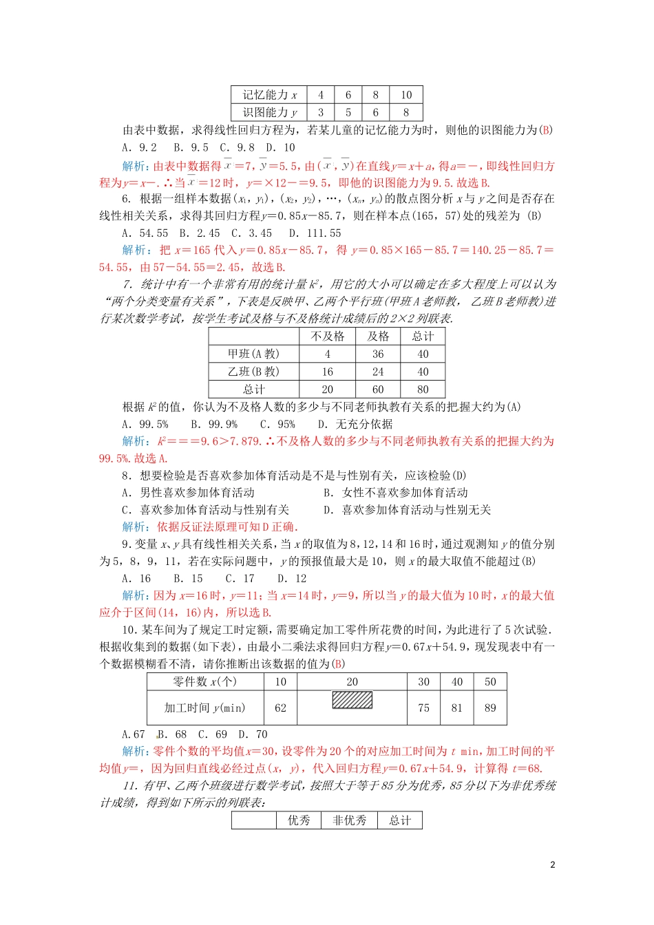 高中数学 第三章 统计案例章末过关检测卷 新人教A版选修2-3-新人教A版高二选修2-3数学试题_第2页