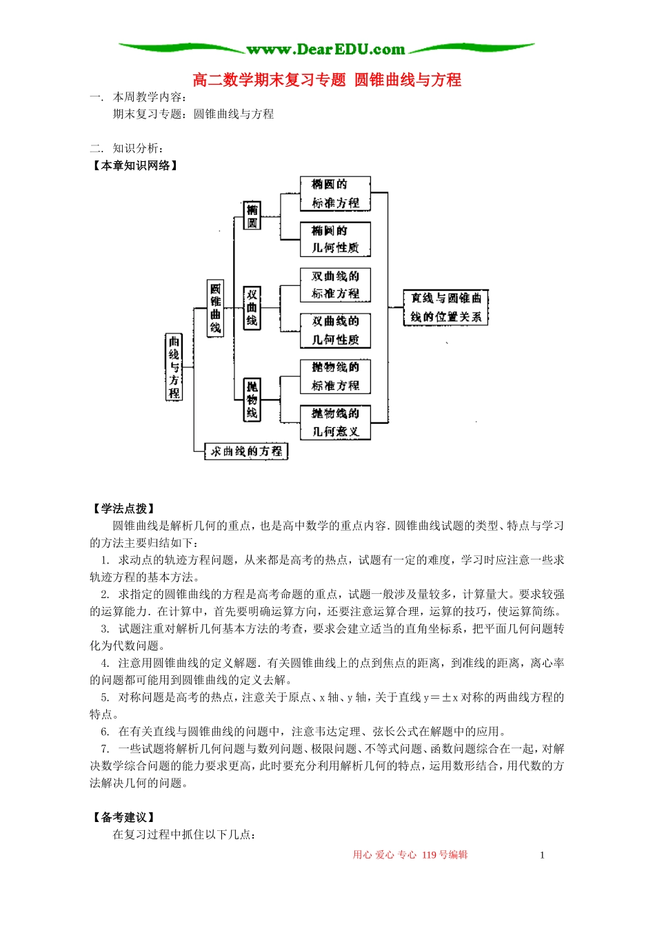 高二数学期末复习专题 圆锥曲线与方程 人教实验版(B)_第1页