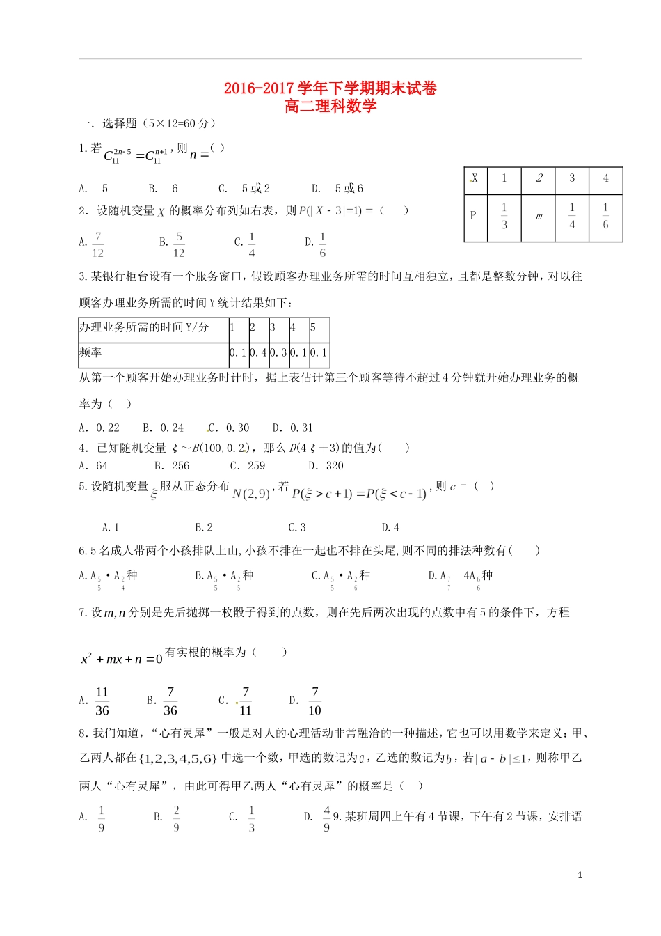 福建省莆田市高二数学下学期期末考试试题 理-人教版高二全册数学试题_第1页