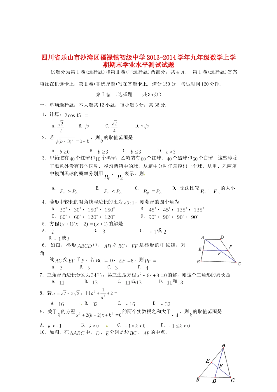九年级数学上学期期末学业水平测试试卷试卷_第1页