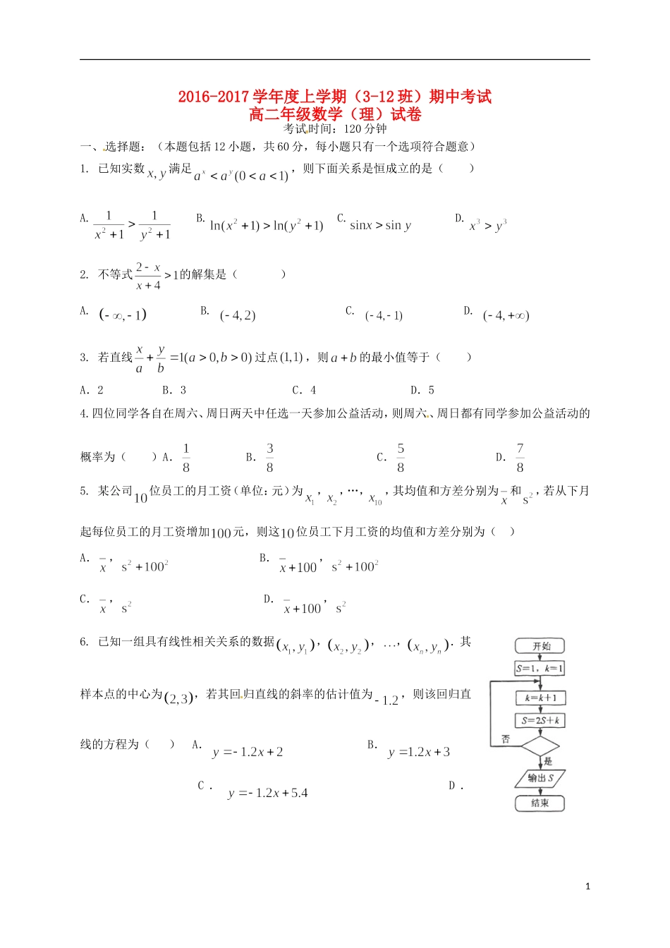 高二数学上学期期中试题 理（3-12班）-人教版高二全册数学试题_第1页