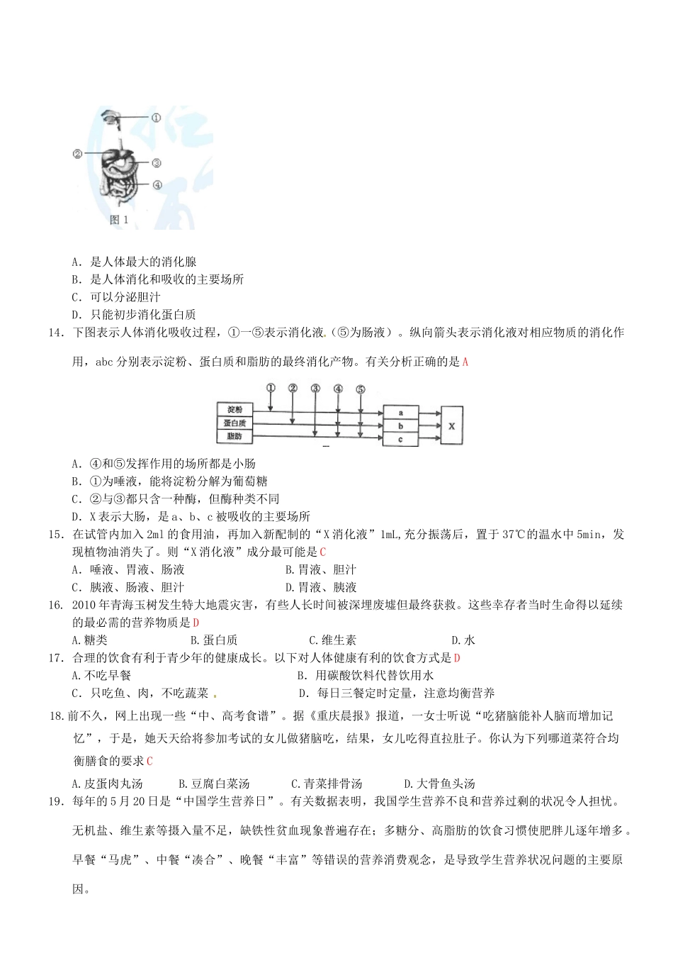 中考生物专项训练-人体的营养试卷_第2页