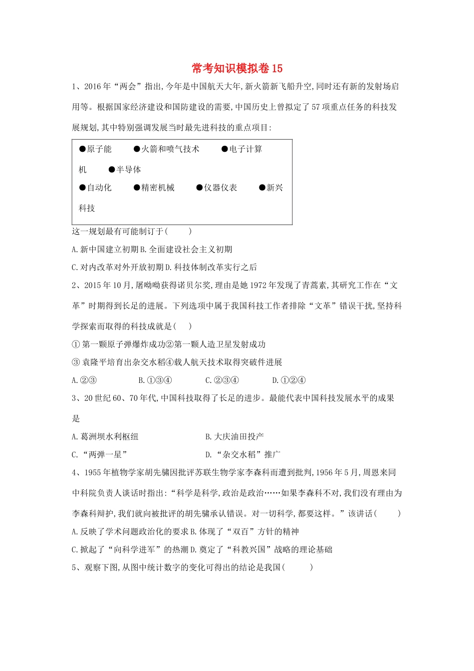 高考历史二轮复习 常考知识模拟卷15（含解析）岳麓版-岳麓版高三全册历史试题_第1页