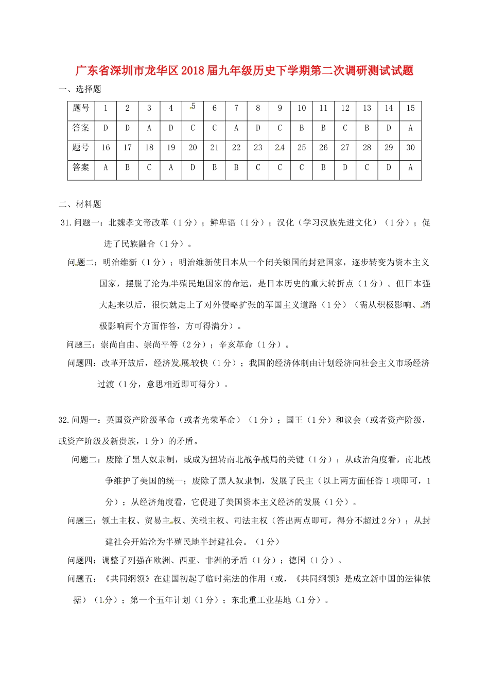 九年级历史下学期第二次调研测试试卷答案 广东省深圳市龙华区九年级历史下学期第二次调研测试试卷(pdf)_第1页