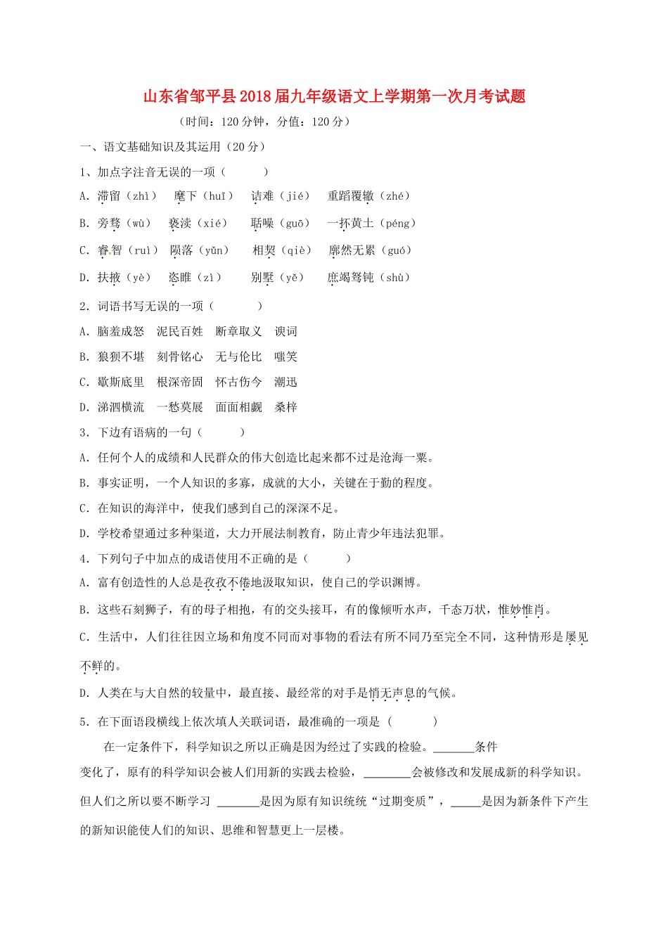 山东省邹平县九年级语文上学期第一次月考试卷 新人教版试卷_第1页