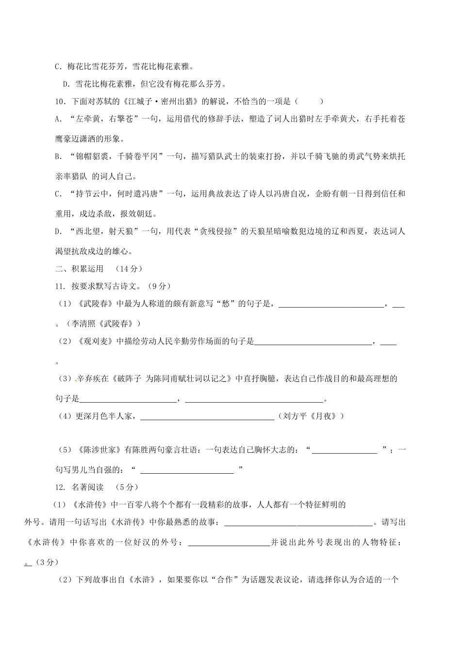 山东省邹平县九年级语文上学期第一次月考试卷 新人教版试卷_第3页