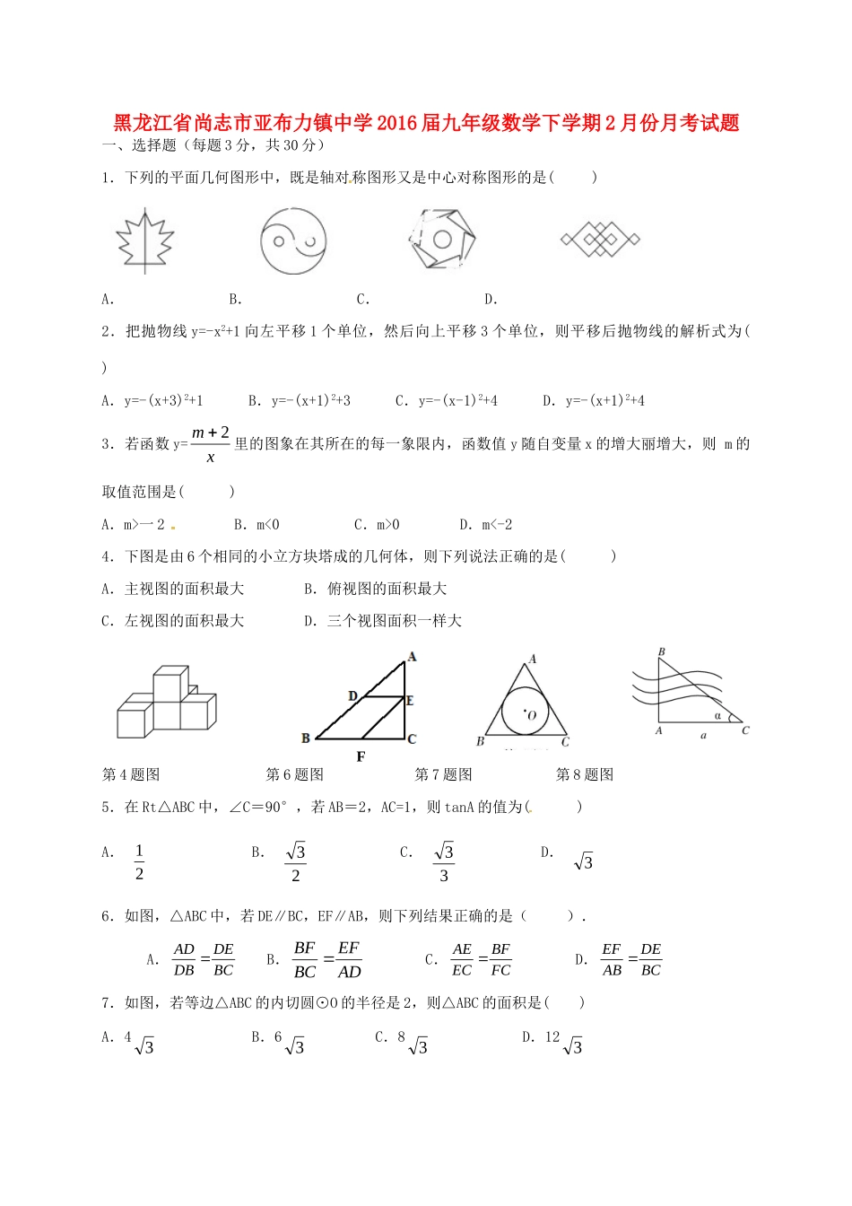 九年级数学下学期2月份月考试卷试卷_第1页