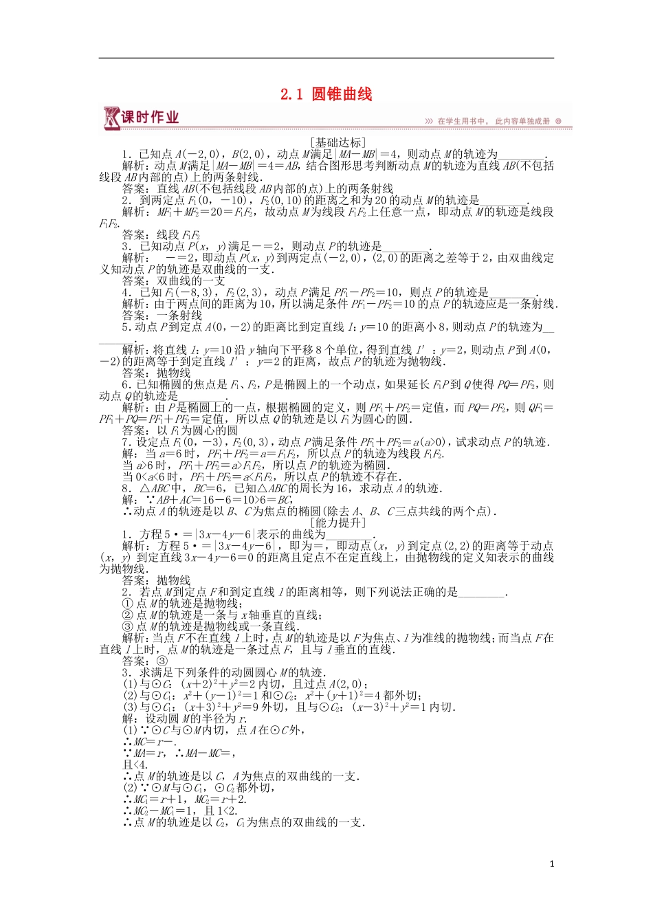 高中数学 第二章 圆锥曲线与方程 2.1 圆锥曲线作业 苏教版选修1-1-苏教版高二选修1-1数学试题_第1页
