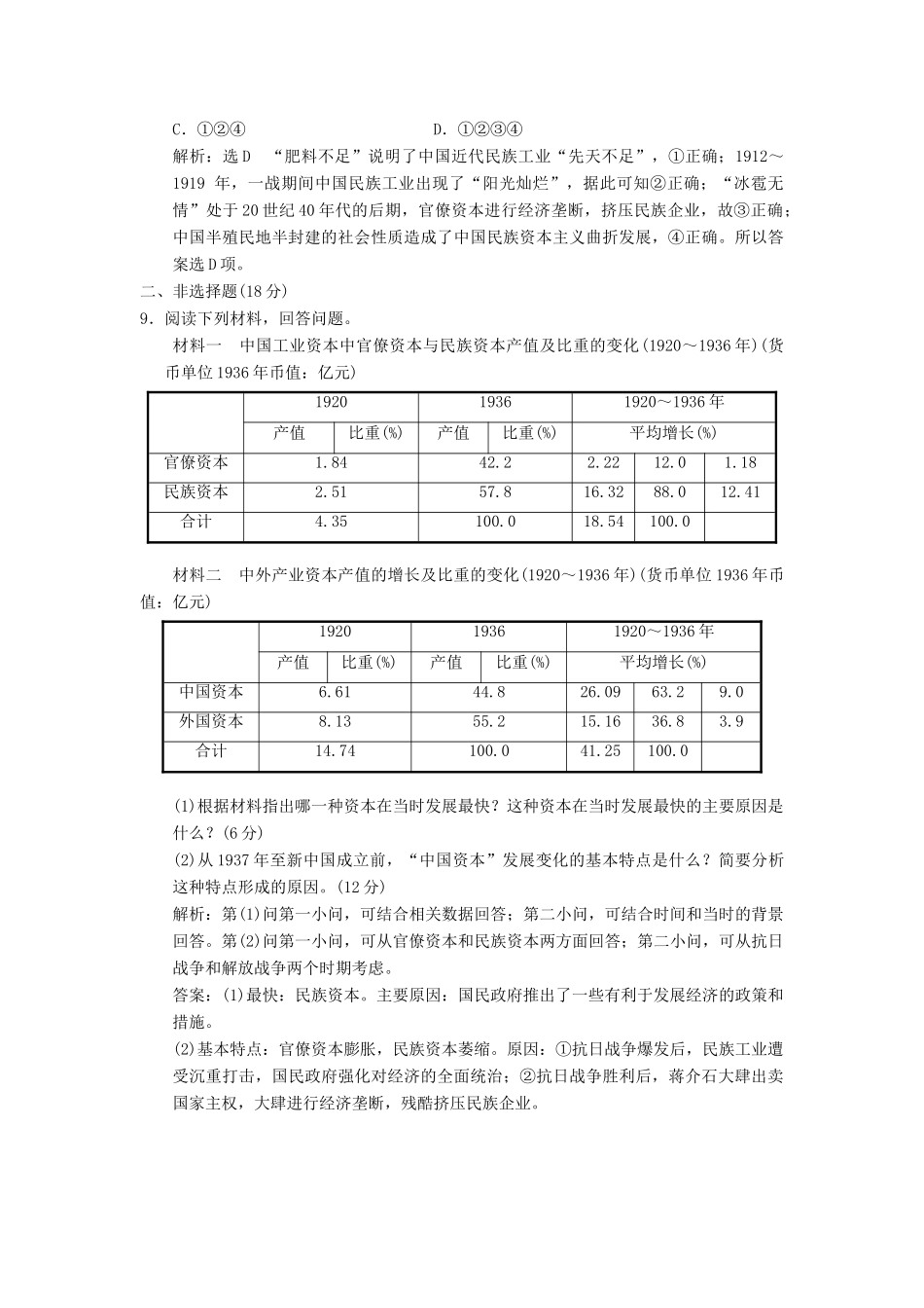 高中历史 专题二 近代中国资本主义的曲折发展（六）民国时期民族工业的曲折发展课时跟踪检测 人民版必修2-人民版高一必修2历史试题_第3页