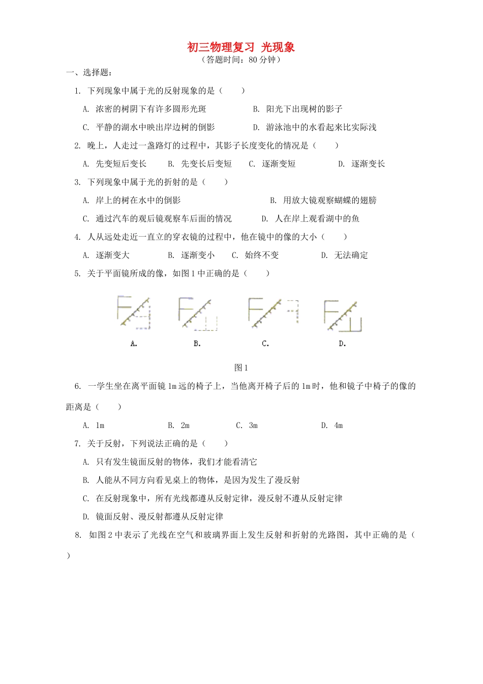 北师大版初三物理复习 光现象试卷_第1页