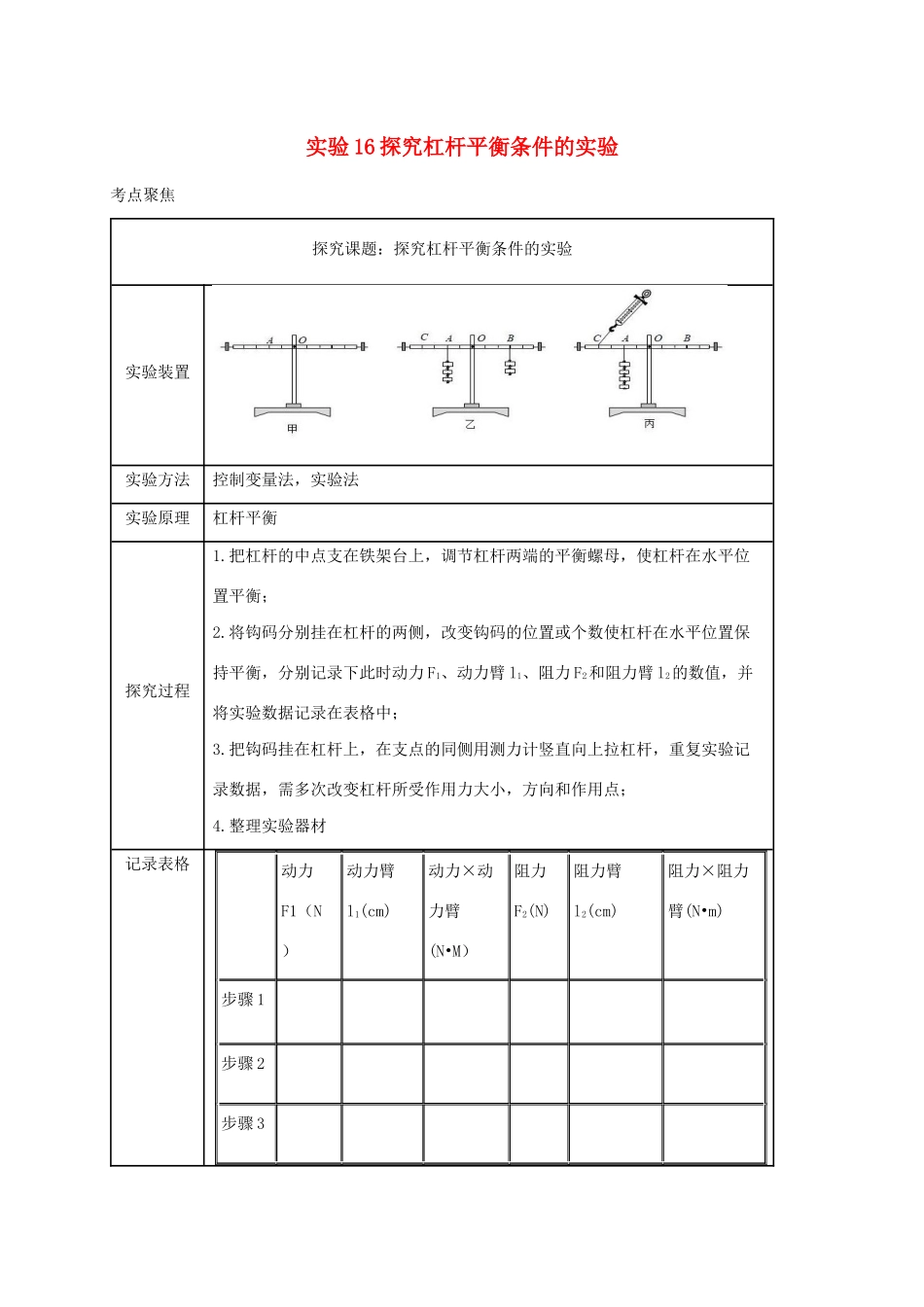 中考物理必考实验精解精练专题 实验16  探究杠杆平衡条件的实验试卷_第1页