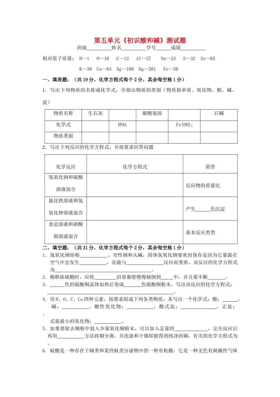 九年级化学下册 第5章(初识酸和碱)单元综合测试3(新版)沪教版试卷_第1页