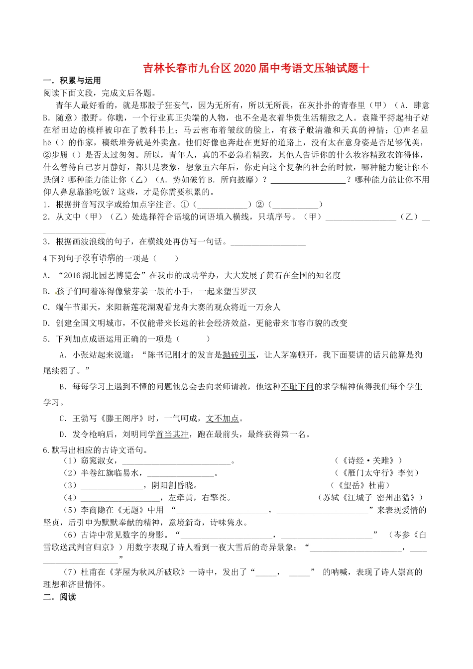 中考语文压轴试卷十试卷_第1页