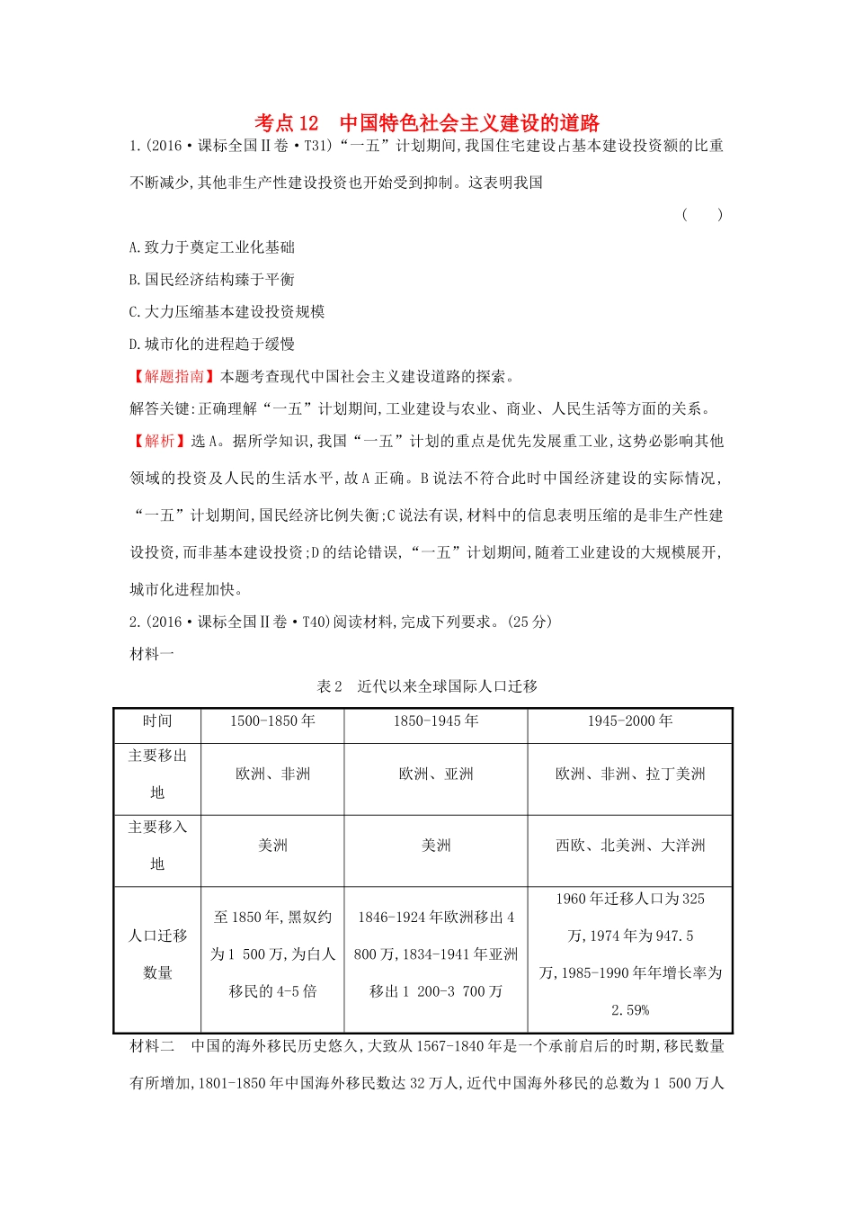 高中历史 考点12 中国特色社会主义建设的道路（含高考试题）人民版-人民版高一全册历史试题_第1页