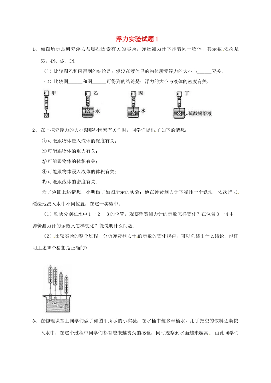 吉林省吉林市中考物理总复习  浮力实验试卷1 新人教版试卷_第1页