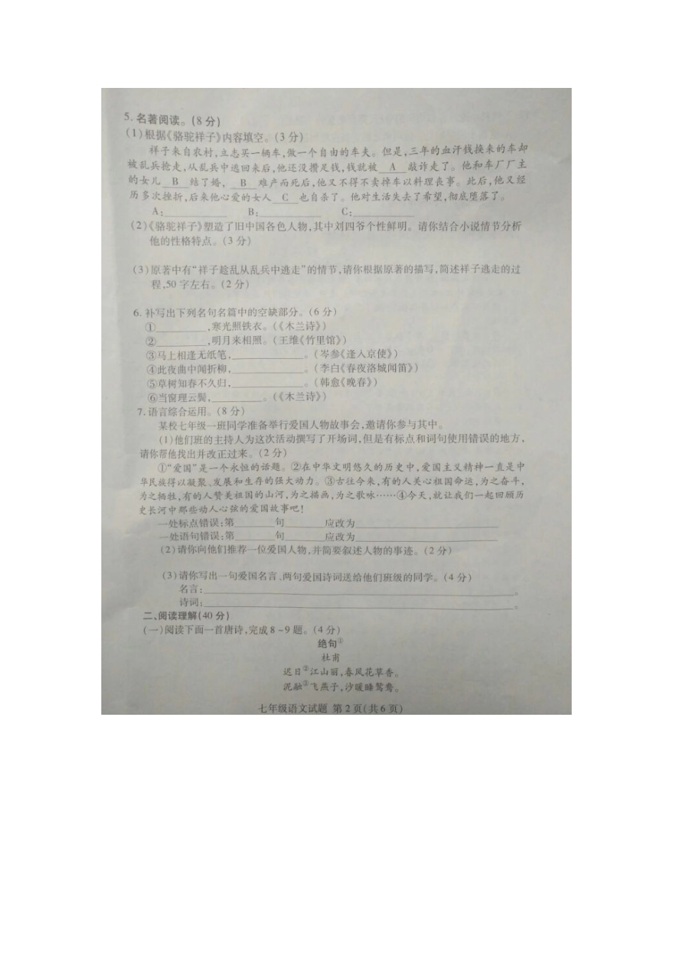 山东省临沂市兰山区七年级语文下学期期中试卷试卷_第2页