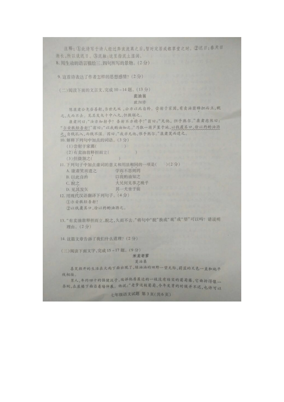 山东省临沂市兰山区七年级语文下学期期中试卷试卷_第3页