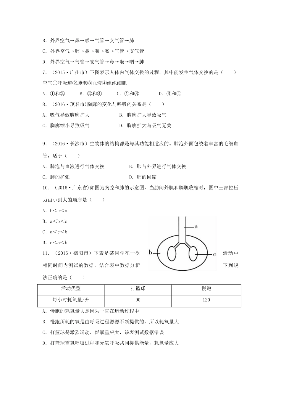 中考生物总复习 第四单元 第三章 人体的呼吸真题回练试卷_第2页
