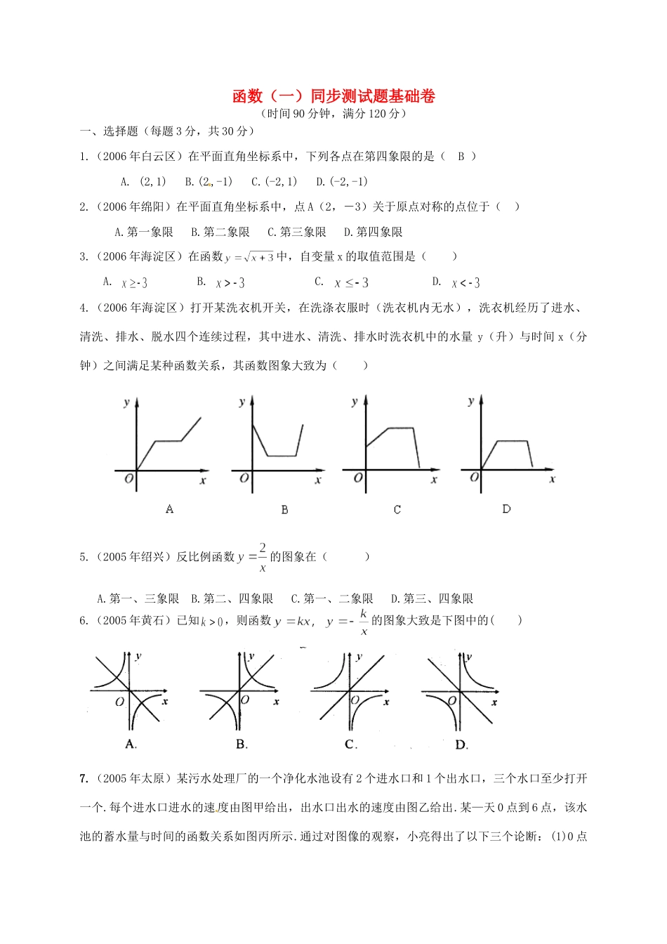 九年级数学(函数(一)同步测试卷 新人教版试卷_第1页