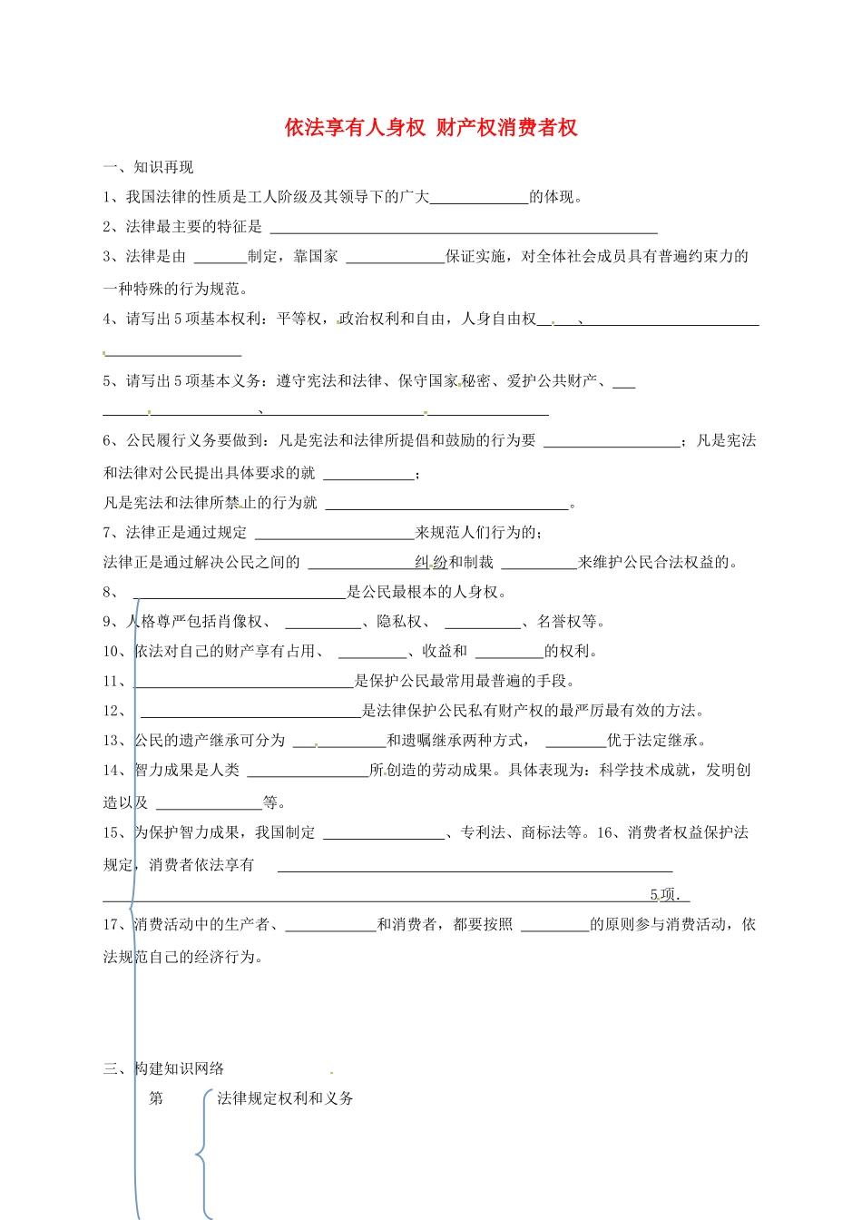山东省临沂市八年级政治上册 第4单元 我们依法享有人身权、财产权、消费者权复习题 鲁教版试卷_第1页
