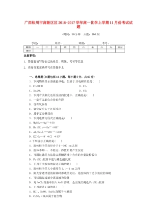 广西钦州市高新区高一化学11月月考试题-人教版高一全册化学试题